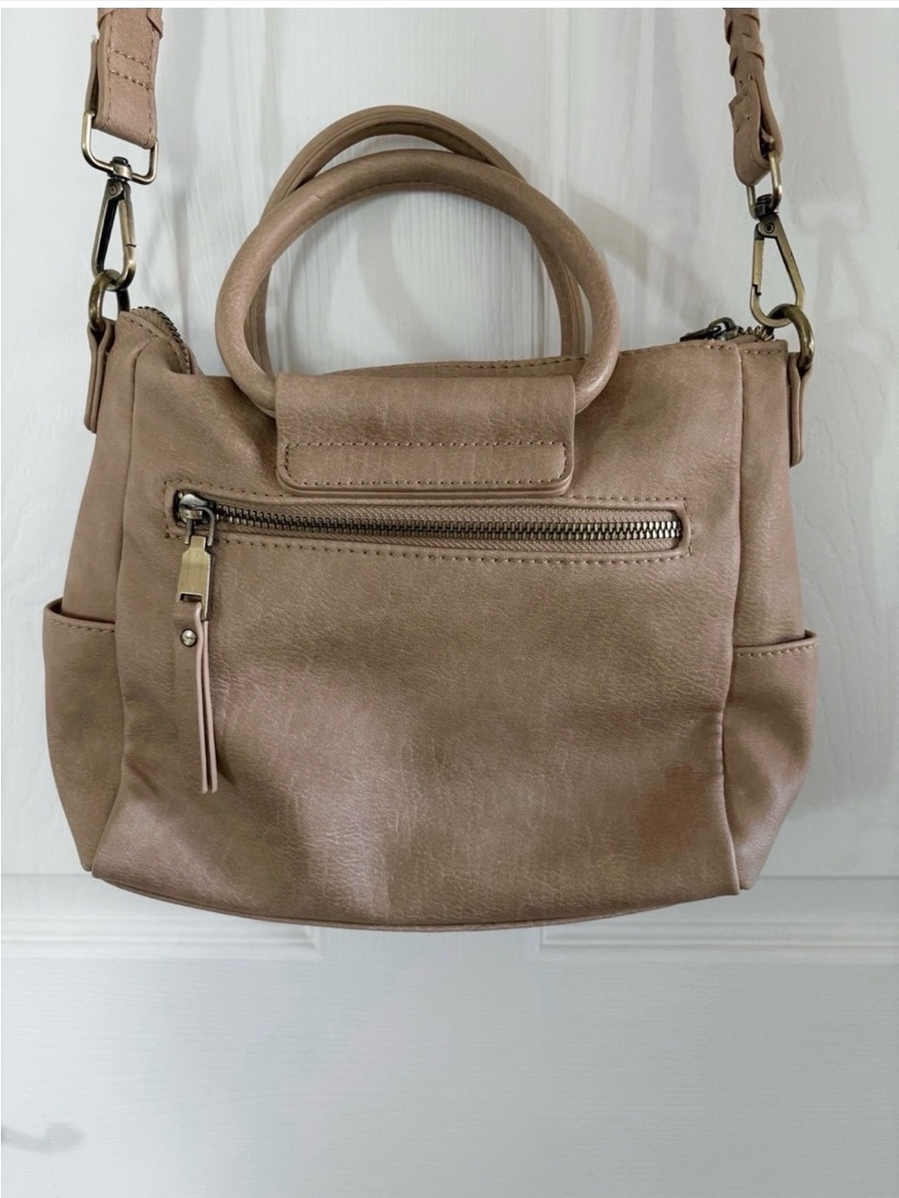 ANTHROPOLOGIE ANTIK KRAFT BAG TAN XBODY CONVERTIBLE BLK/WHITE FABRIC LINED ZIP